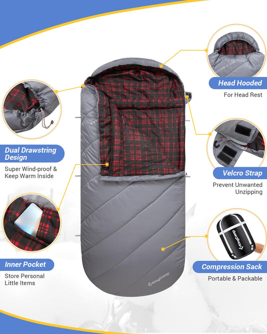 KingCamp FREESPACE 250 3-Season Plus Size Flannel Sleeping Bag with Head Hooded