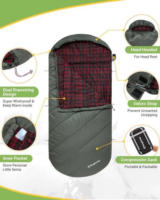 KingCamp FREESPACE 250 3-Season Plus Size Flannel Sleeping Bag with Velcro Strap