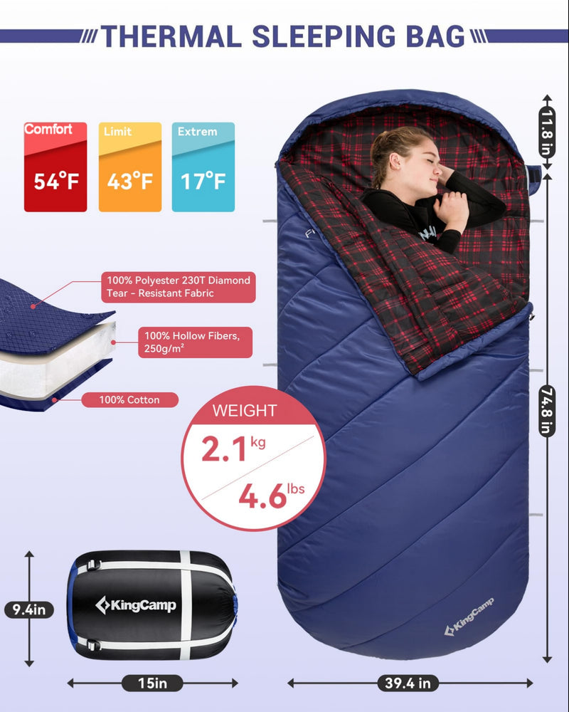 Load image into Gallery viewer, KingCamp FREESPACE 250 3-Season Plus Size Flannel Sleeping Bag Thermal Sleeping Bags
