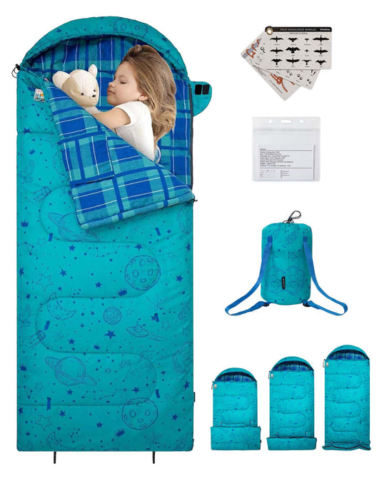 KingCamp Galaxy Zoo Kids Sleeping Bag - Adjustable Length 3-in-1 Hooded Sleeping Bag for Camping, Ages 3-10 (up to 4'7