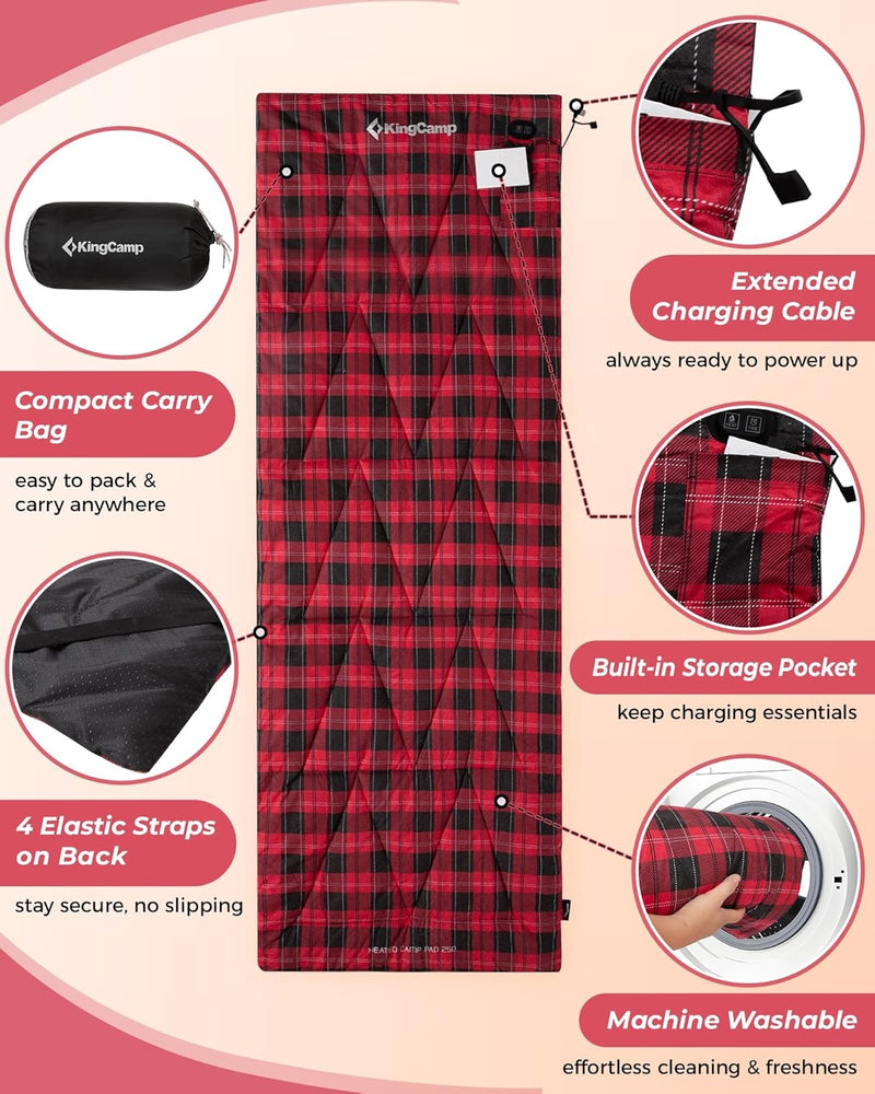 Load image into Gallery viewer, KingCamp Heated Sleeping Bag Liner | 6-Zone Heating Cot Mat 100% Cotton Flannel with 4 Elastic Straps on Back
