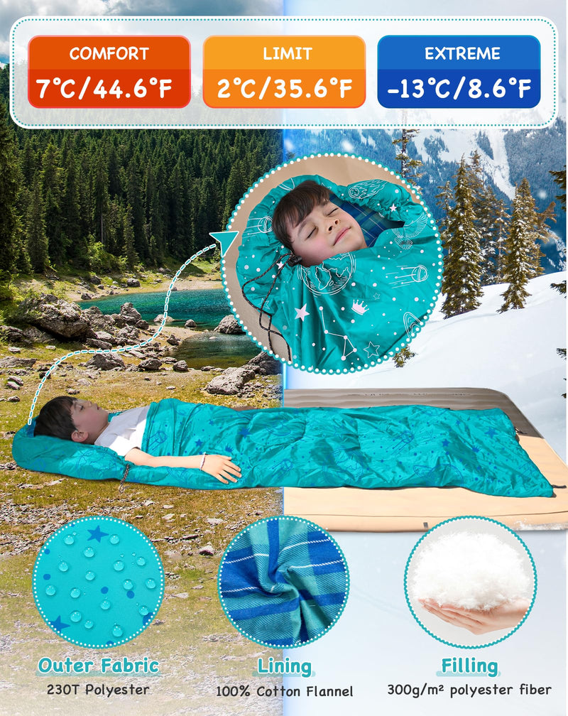 Load image into Gallery viewer, KingCamp Kids Sleeping Bag Children 3-4 Season Winter Flannel Liner Cotton Warm Lightweight Single for Camping Hiking Backpacking Outdoor with Compression Sack for Girls Boys
