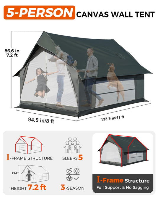 KingCamp MOUNTAIN IN C2 Canvas Cabin Tent 8' x 11' Green