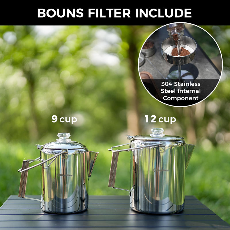 Load image into Gallery viewer, KingCamp Percolator Coffee Pot - 9 Cup &amp; 12 Cup 304 Stainless Steel Campfire Coffee Maker for Outdoor Camping, RV &amp; Backpacking
