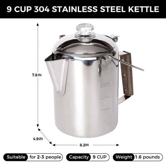 KingCamp Percolator Coffee Pot - 9 Cup & 12 Cup 304 Stainless Steel Campfire Coffee Maker for Outdoor Camping, RV & Backpacking