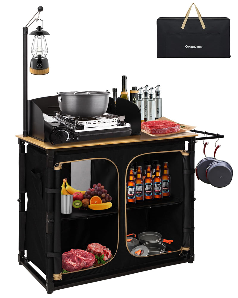 Load image into Gallery viewer, KingCamp Portable Camp Kitchen Table – Bamboo Top Grill Station with Windshield
