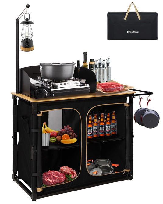 KingCamp Portable Camp Kitchen Table – Bamboo Top Grill Station with Windshield