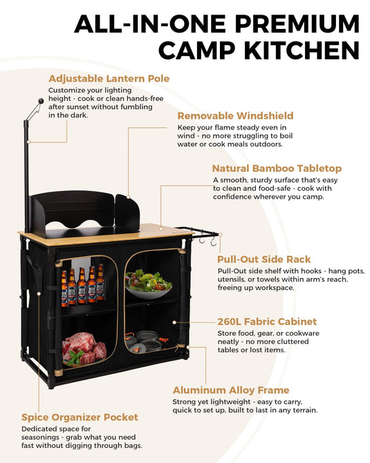 KingCamp Portable All in One Camp Kitchen Table – Bamboo Top Grill Station with Windshield