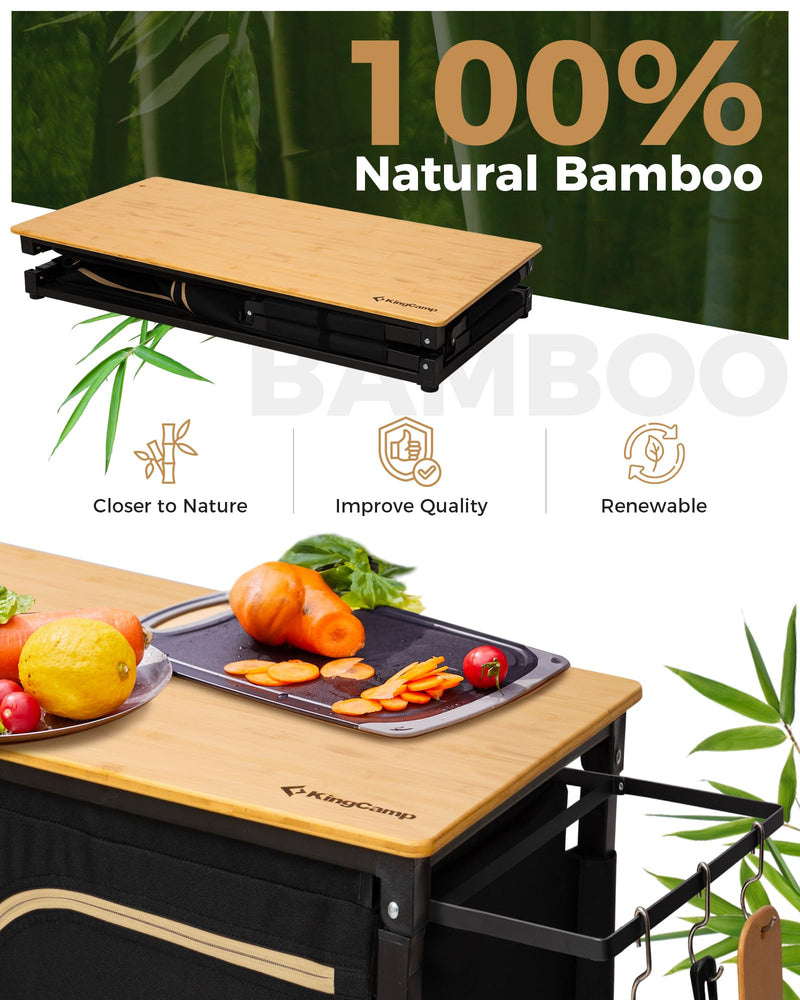 Load image into Gallery viewer, KingCamp Portable Camp Kitchen Table – 100% Natural Bamboo Top Grill Station with Windshield
