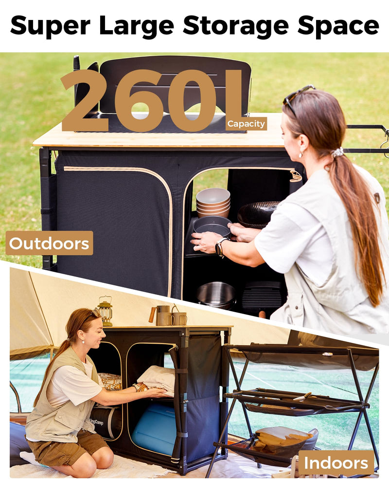 Load image into Gallery viewer, KingCamp Portable Camp Kitchen Table – Bamboo Top Grill Station with Windshield Super Large Storge Space
