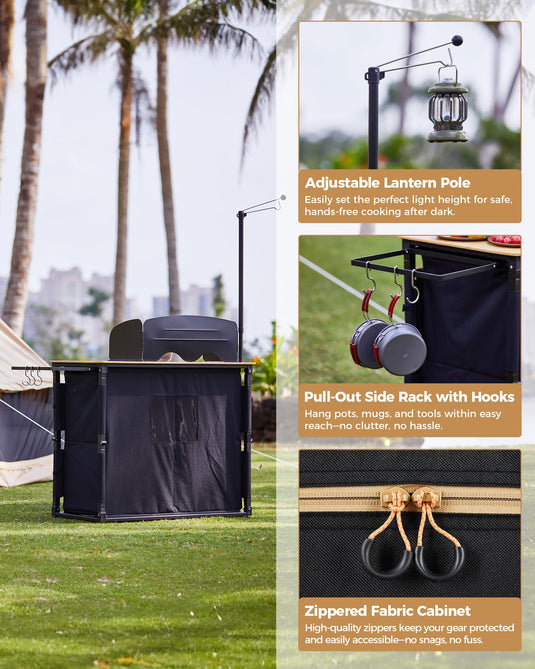 KingCamp Portable Camp Kitchen Table – Bamboo Top Grill Station with Windshield and Adjustable Lantern Pole