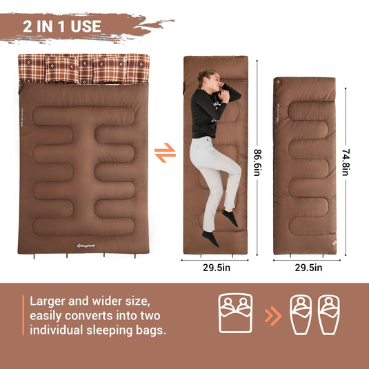 KingCamp Queen Size Double Sleeping Bag for 2 Adults – XXL Flannel Camping Sleeping Bag with 2 Pillows, Waterproof & Lightweight, Converts to Two Singles, Perfect for Couples, Family Camping, Hiking (44°F Comfort Rating)