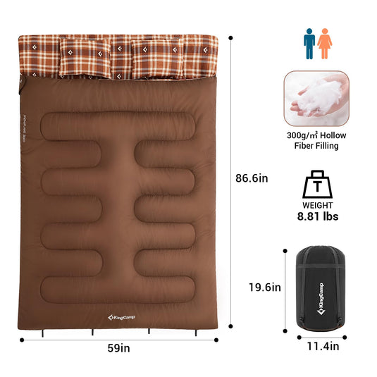 KingCamp Queen Size Double Sleeping Bag for 2 Adults – XXL Flannel Camping Sleeping Bag with 2 Pillows, Waterproof & Lightweight, Converts to Two Singles, Perfect for Couples, Family Camping, Hiking (44°F Comfort Rating)