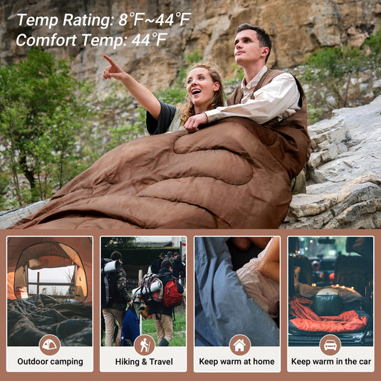 KingCamp Queen Size Double Sleeping Bag for 2 Adults – XXL Flannel Camping Sleeping Bag with 2 Pillows, Waterproof & Lightweight, Converts to Two Singles, Perfect for Couples, Family Camping, Hiking (44°F Comfort Rating)