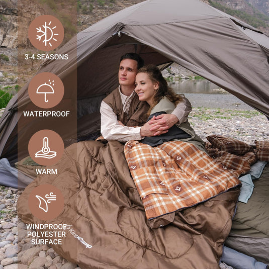 KingCamp Queen Size Double Sleeping Bag for 2 Adults – XXL Flannel Camping Sleeping Bag with 2 Pillows, Waterproof & Lightweight, Converts to Two Singles, Perfect for Couples, Family Camping, Hiking (44°F Comfort Rating)