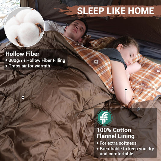 KingCamp Queen Size Double Sleeping Bag for 2 Adults – XXL Flannel Camping Sleeping Bag with 2 Pillows, Waterproof & Lightweight, Converts to Two Singles, Perfect for Couples, Family Camping, Hiking (44°F Comfort Rating)