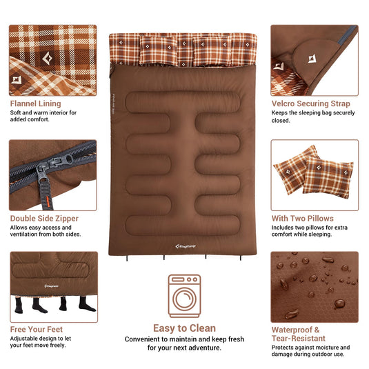 KingCamp Queen Size Double Sleeping Bag for 2 Adults – XXL Flannel Camping Sleeping Bag with 2 Pillows, Waterproof & Lightweight, Converts to Two Singles, Perfect for Couples, Family Camping, Hiking (44°F Comfort Rating)