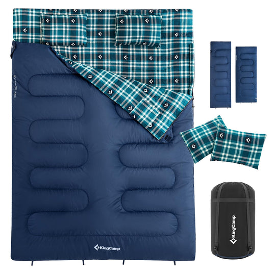 KingCamp Queen Size Double Sleeping Bag for 2 Adults – XXL Flannel Camping Sleeping Bag with 2 Pillows, Waterproof & Lightweight, Converts to Two Singles, Perfect for Couples, Family Camping, Hiking (44°F Comfort Rating)