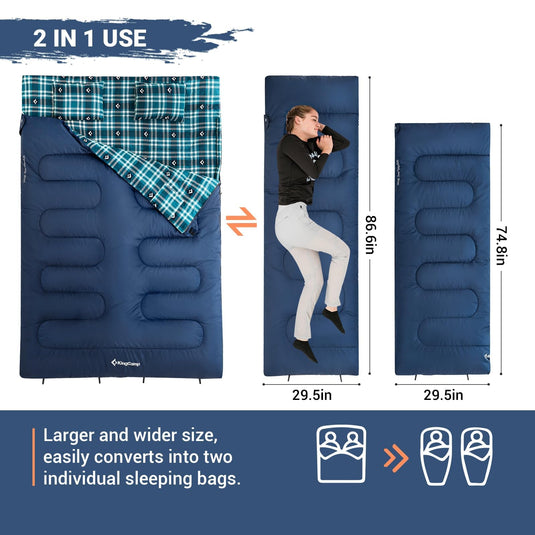 KingCamp Queen Size Double Sleeping Bag for 2 Adults – 2 in 1 Use