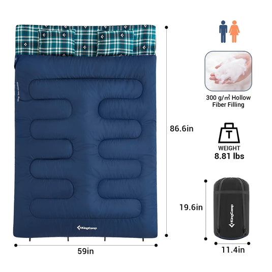 KingCamp Queen Size Double Sleeping Bag for 2 Adults – XXL Flannel Camping Sleeping Bag with 2 Pillows, Waterproof & Lightweight, Converts to Two Singles, Perfect for Couples, Family Camping, Hiking (44°F Comfort Rating)