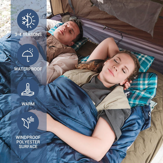 KingCamp Queen Size Double Sleeping Bag for 2 Adults – XXL Flannel Camping Sleeping Bag with 2 Pillows, Waterproof & Lightweight, Converts to Two Singles, Perfect for Couples, Family Camping, Hiking (44°F Comfort Rating)