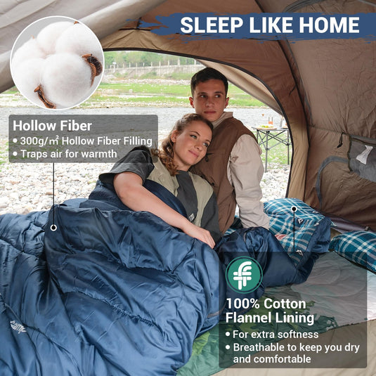 KingCamp Queen Size Double Sleeping Bag for 2 Adults – XXL Flannel Camping Sleeping Bag with 2 Pillows, Waterproof & Lightweight, Converts to Two Singles, Perfect for Couples, Family Camping, Hiking (44°F Comfort Rating)