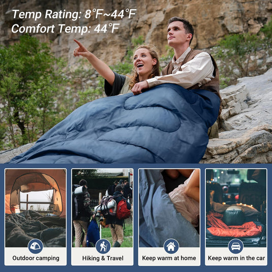 KingCamp Queen Size Double Sleeping Bag for 2 Adults – XXL Flannel Camping Sleeping Bag with 2 Pillows, Waterproof & Lightweight, Converts to Two Singles, Perfect for Couples, Family Camping, Hiking (44°F Comfort Rating)