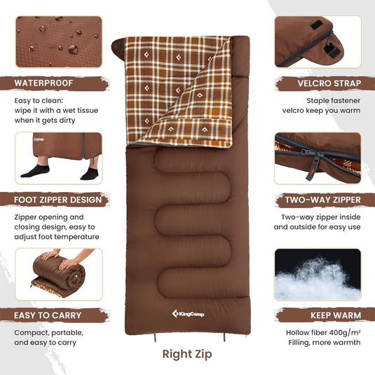 KingCamp SNOWFLAKE 400 Cold Weather Sleeping Bag for Adults - 4-Season, Wide, Waterproof, Converts to Double