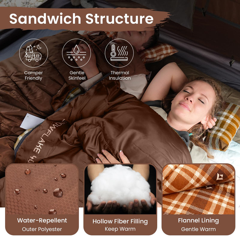 Load image into Gallery viewer, KingCamp SNOWFLAKE 400 Versatile All-Season Sleeping Bag – Wide, Convertible to Double, Flannel Lined for Camping, Hiking, and Outdoor Adventures
