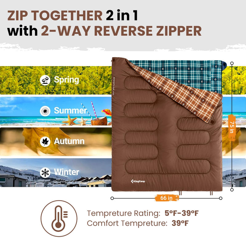 Load image into Gallery viewer, KingCamp SNOWFLAKE 400 Versatile All-Season Sleeping Bag – Wide, Convertible to Double, Flannel Lined for Camping, Hiking, and Outdoor Adventures
