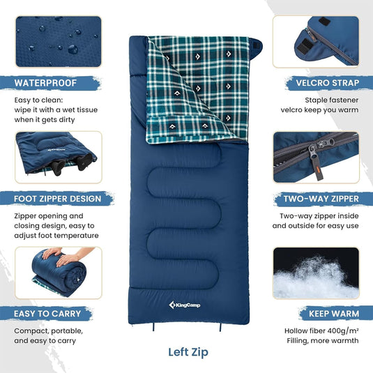 KingCamp SNOWFLAKE 400 Versatile All-Season Sleeping Bag – Wide, Convertible to Double, Flannel Lined for Camping, Hiking, and Outdoor Adventures