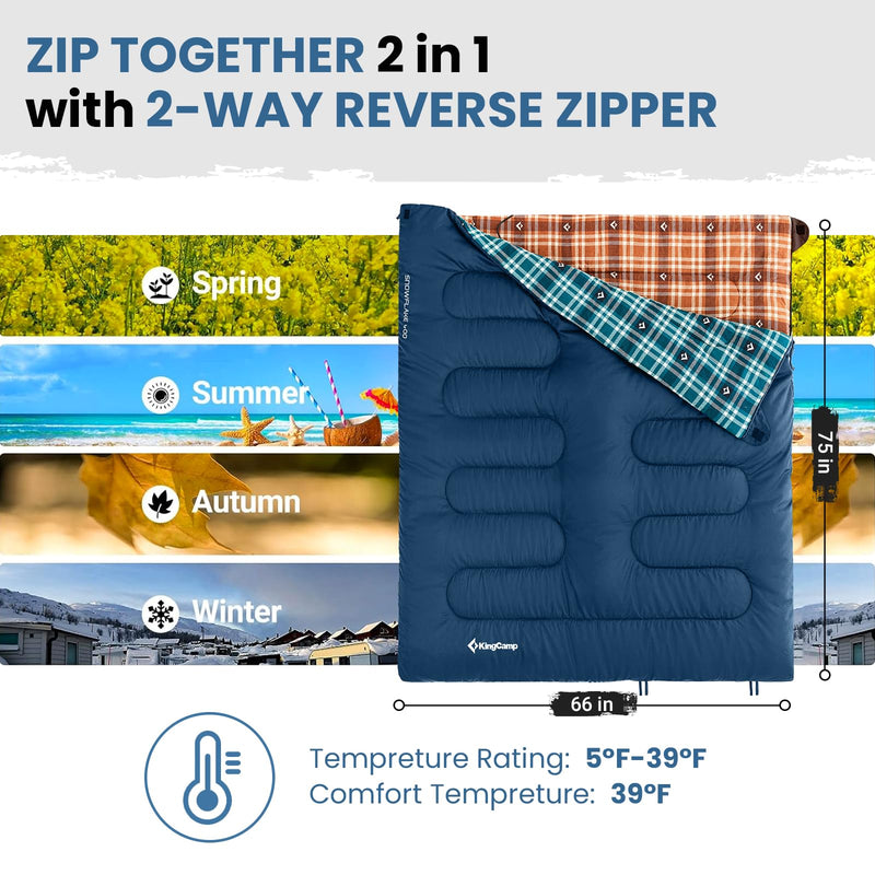 Load image into Gallery viewer, KingCamp SNOWFLAKE 400 Versatile All-Season Sleeping Bag – Wide, Convertible to Double, Flannel Lined for Camping, Hiking, and Outdoor Adventures
