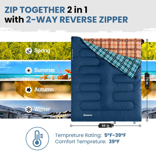 KingCamp SNOWFLAKE 400 Versatile All-Season Sleeping Bag – Wide, Convertible to Double, Flannel Lined for Camping, Hiking, and Outdoor Adventures