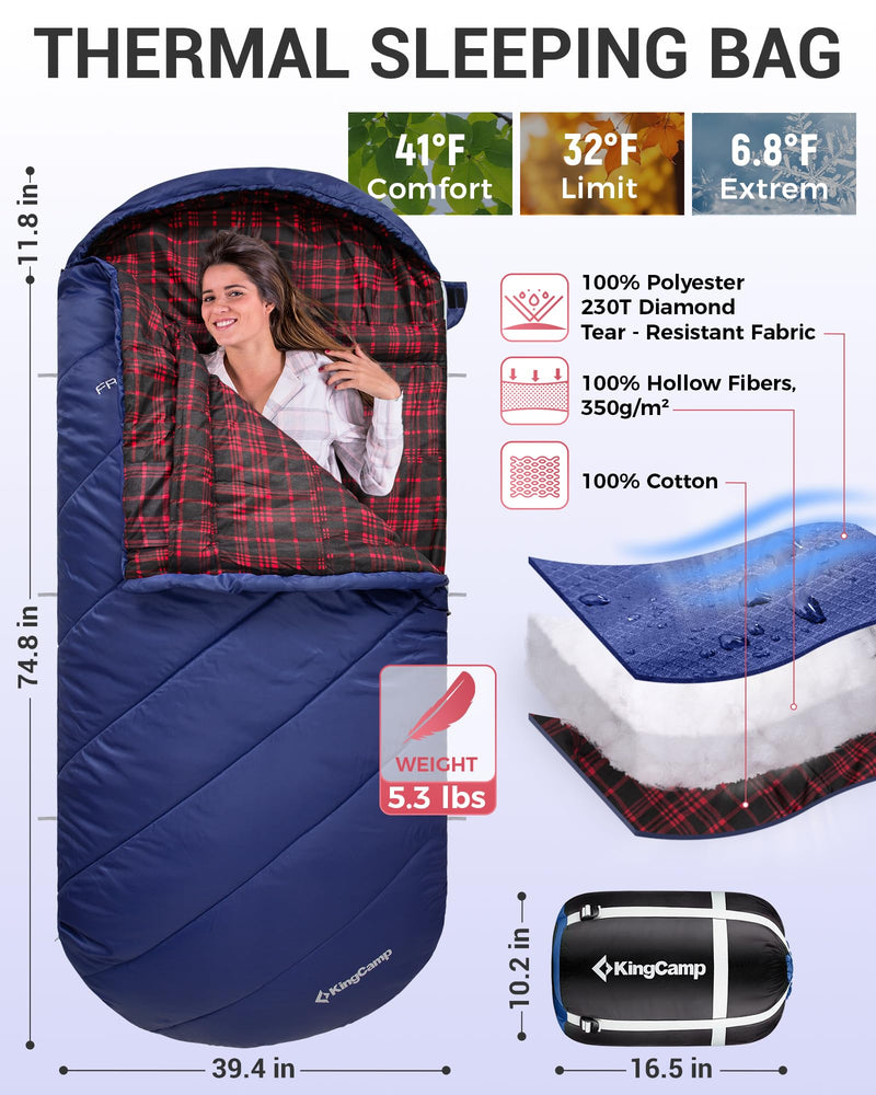 Load image into Gallery viewer, KingCamp Sleeping Bag for Adults, Cold Weather &amp; Warm Extra Wide Big &amp; Tall XL Portable Waterproof Flannel Sleeping Bags
