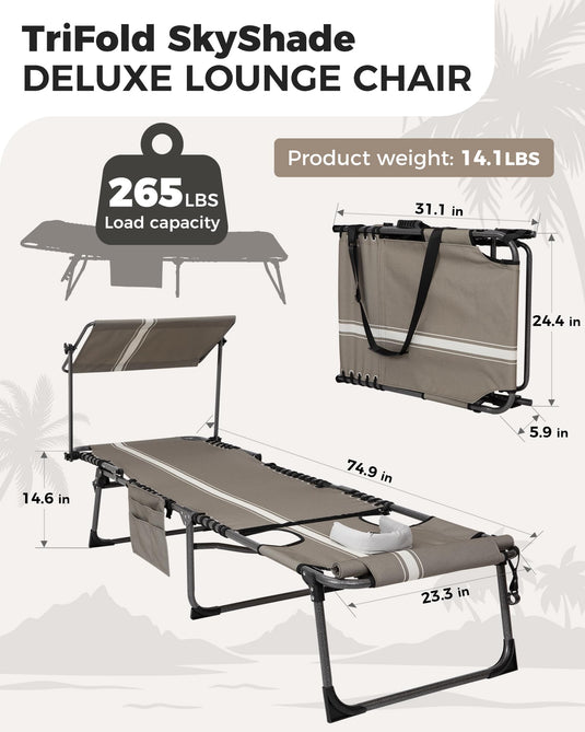 KingCamp Tri-Fold Backpack Chaise Lounge with 360° Rotatable Canopy Shade