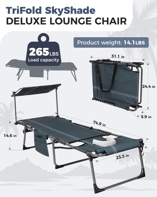 KingCamp Tri-Fold Backpack Chaise Lounge with 360° Rotatable Canopy Shade