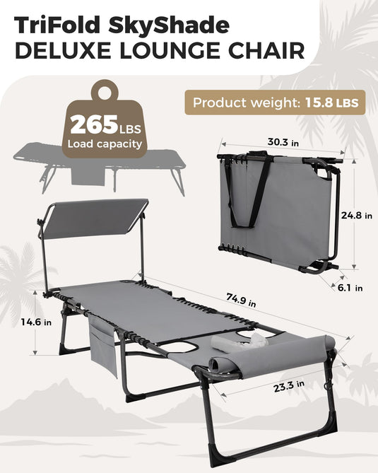 KingCamp Tri-Fold Backpack Chaise Lounge with 360° Rotatable Canopy Shade