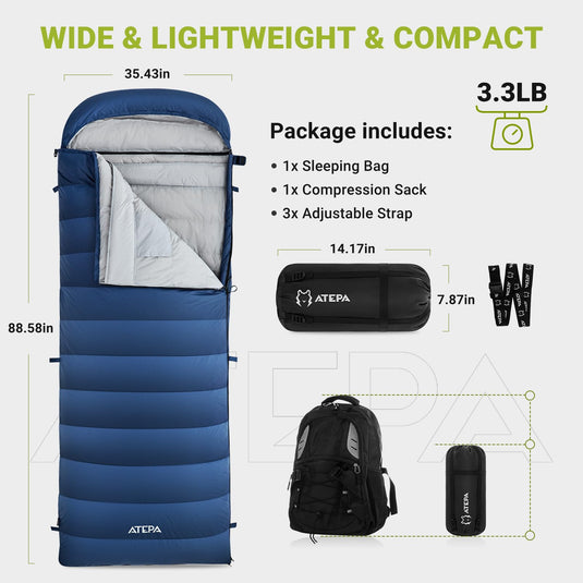 ATEPA ELEMENTS 600 Down Sleeping Bag Navy Wide Size and Compact