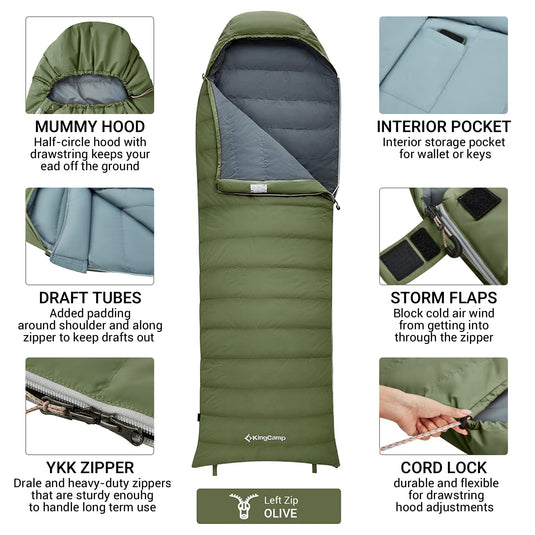 KingCamp Lightweight Down Sleeping Bag-Envelope With Mummy Hood Wide and Large