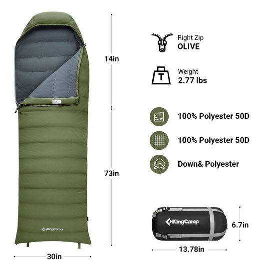 KingCamp Lightweight Down Sleeping Bag-Envelope With Mummy Hood Wide and Large