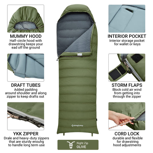 KingCamp Lightweight Down Sleeping Bag-Envelope With Mummy Hood Wide and Large