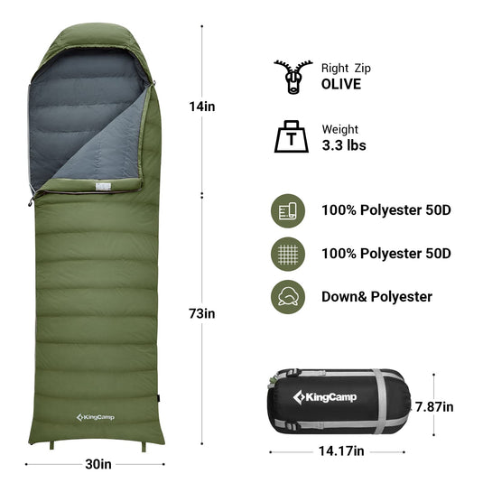 KingCamp Lightweight Down Sleeping Bag-Envelope With Mummy Hood Wide and Large