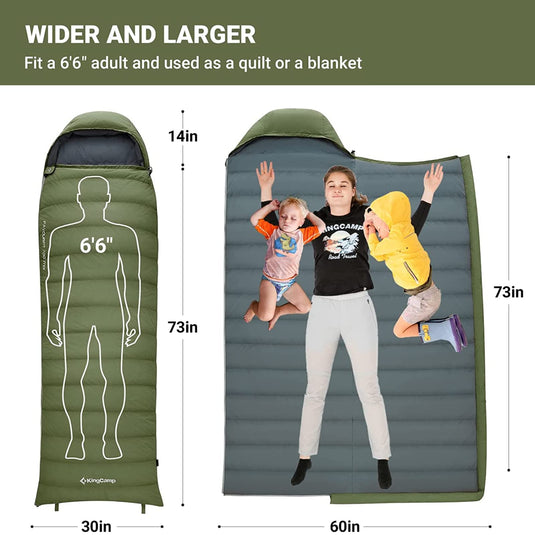 KingCamp Lightweight Down Sleeping Bag-Envelope With Mummy Hood Wide and Large