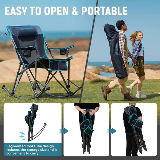FUNDANGO Portable Rocking Camp Chair with Pillow, Cup Holder Easy to Open and Portable