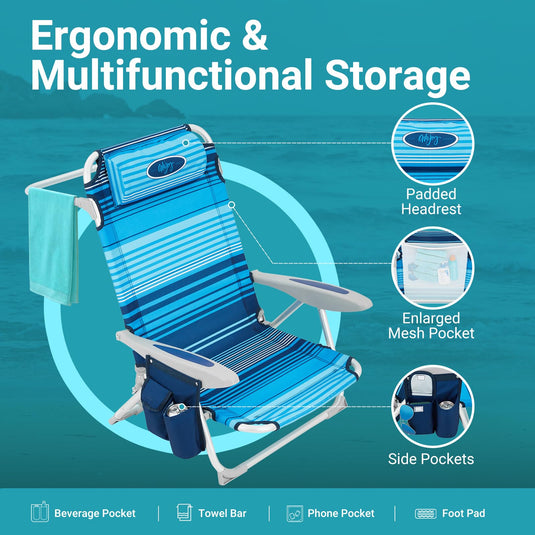WEJOY Adjustable Beach Chair with Cup Holder and Padded Headrest
