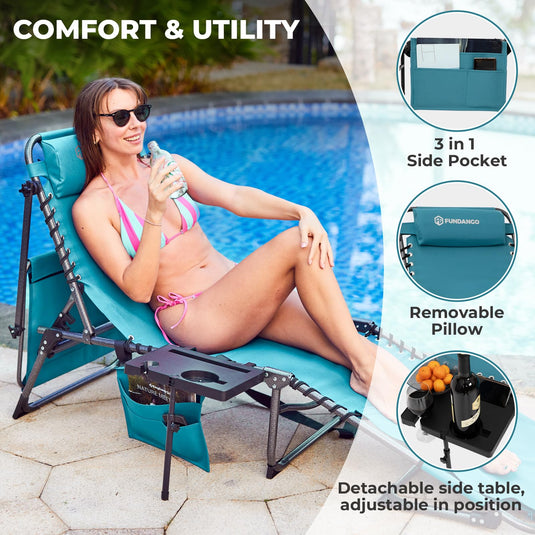 FUNDANGO Tanning Lounge Chair with 360 Adjustable Sun Shade 5-Position Recliner, Durable Oxford Fabric