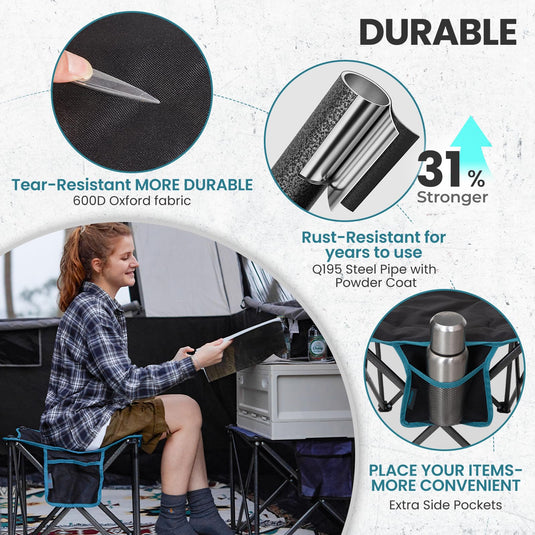 FUNDANGO Oversized Camping Stool – 18.1" Wide Padded Seat, 400lb Capacity, Portable Foldable Stool for Fishing, Travel & Outdoor