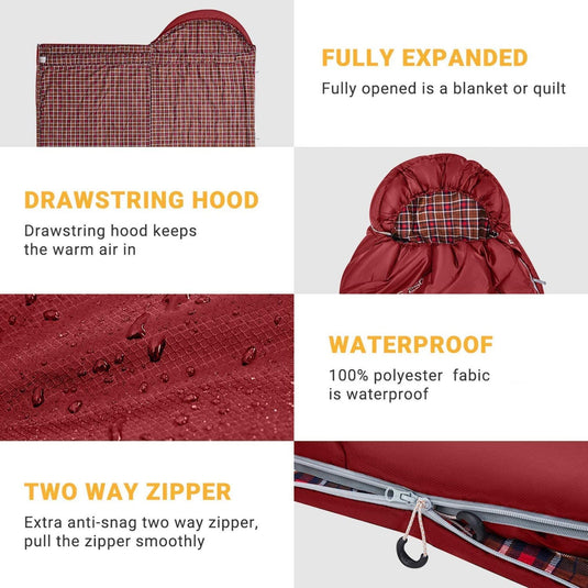 KingCamp FREESPACE 250 3-Season Plus Size Flannel Sleeping Bag Red