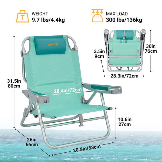 WEJOY Adjustable 5-Position Reclining Beach Chair Cyan