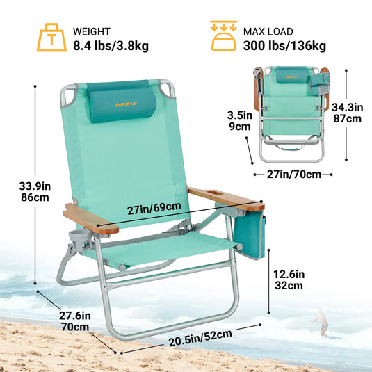 WEJOY Beach Chair L Set of 2 Cyan Low Seat Reclining Wooden Armrest